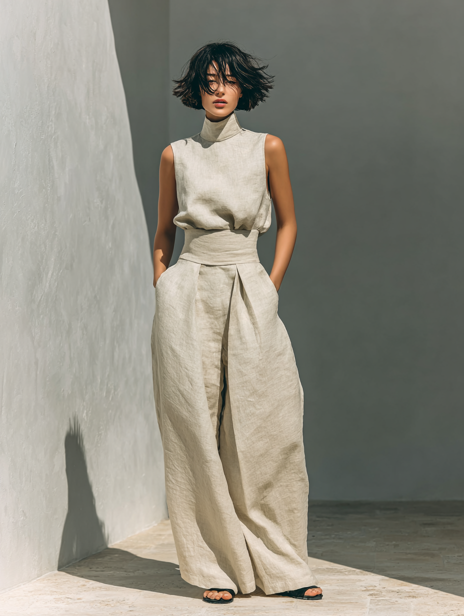 Maria | Completo minimalista da donna composto da t-shirt e pantaloni ampi in cotone e lino