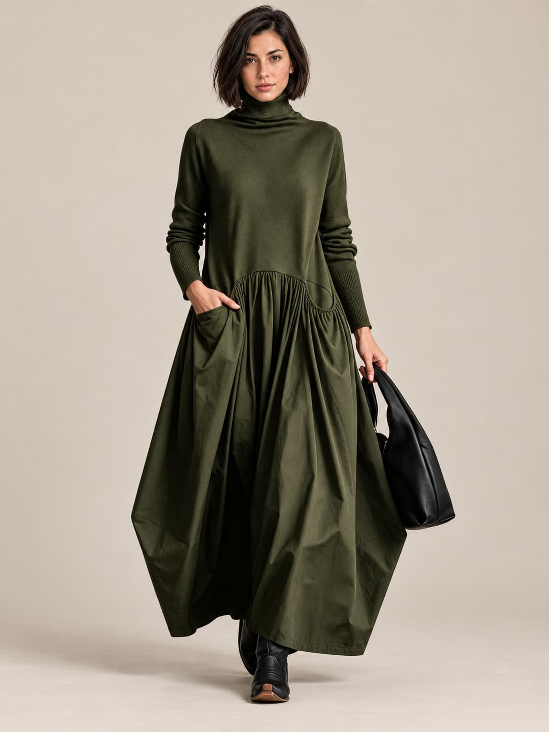 Ludovica | Abito lungo oversize con collo alto e tasche