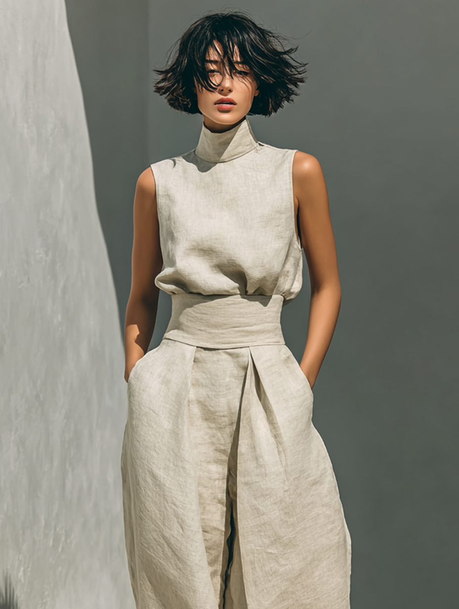 Maria | Completo minimalista da donna composto da t-shirt e pantaloni ampi in cotone e lino