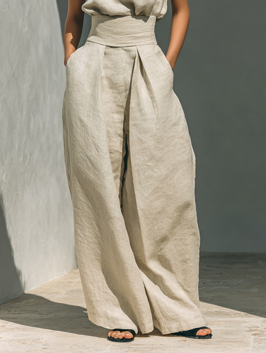 Maria | Completo minimalista da donna composto da t-shirt e pantaloni ampi in cotone e lino