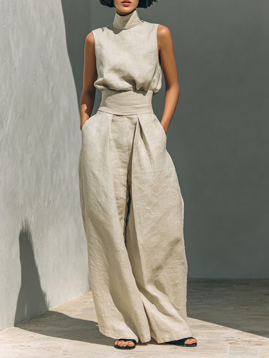 Maria | Completo minimalista da donna composto da t-shirt e pantaloni ampi in cotone e lino