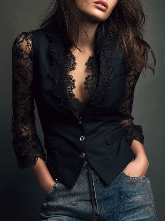 Noemi | Top blazer negro con mangas semitransparentes