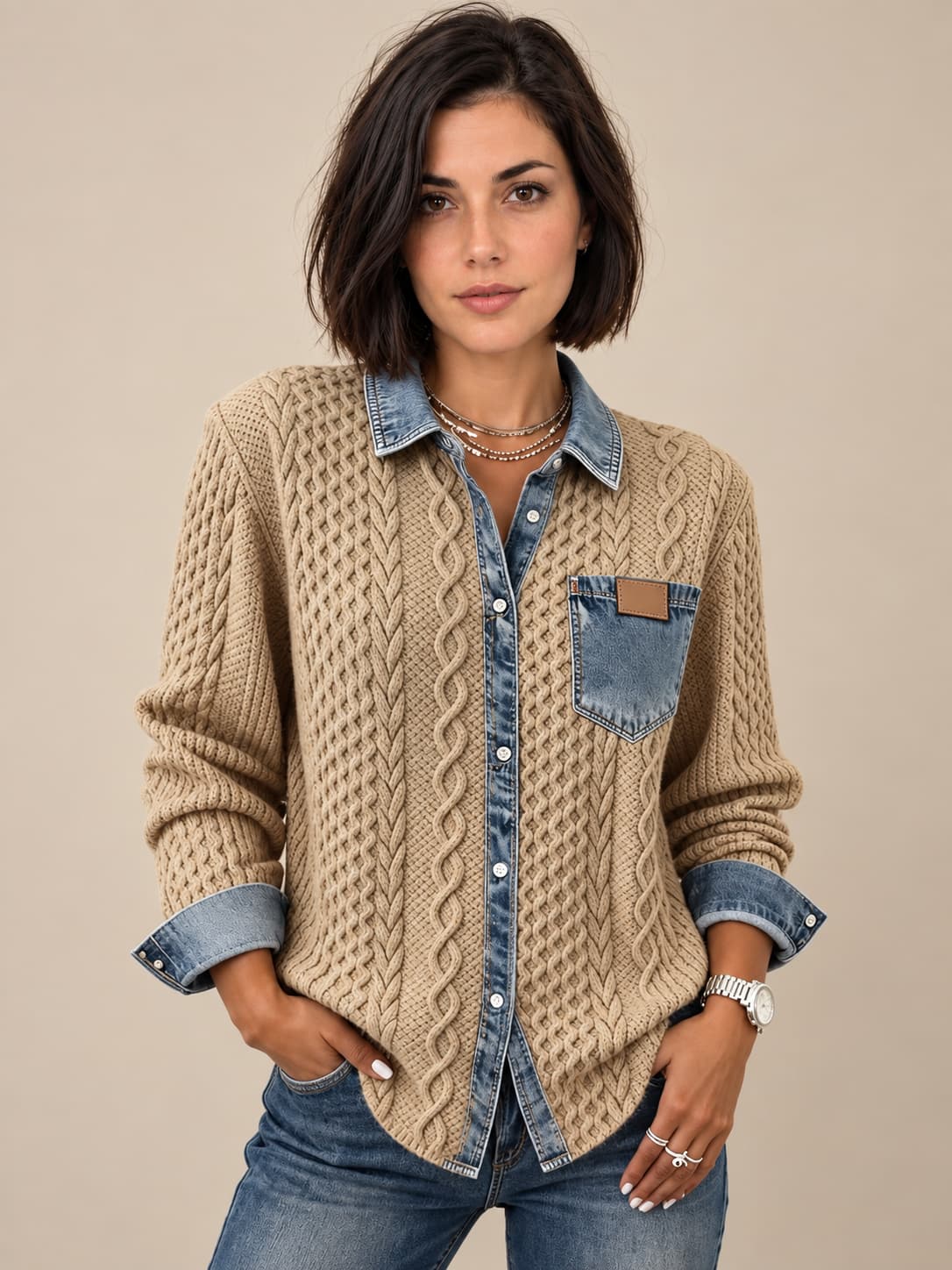 Ambra | Top in maglia patchwork con dettagli in denim