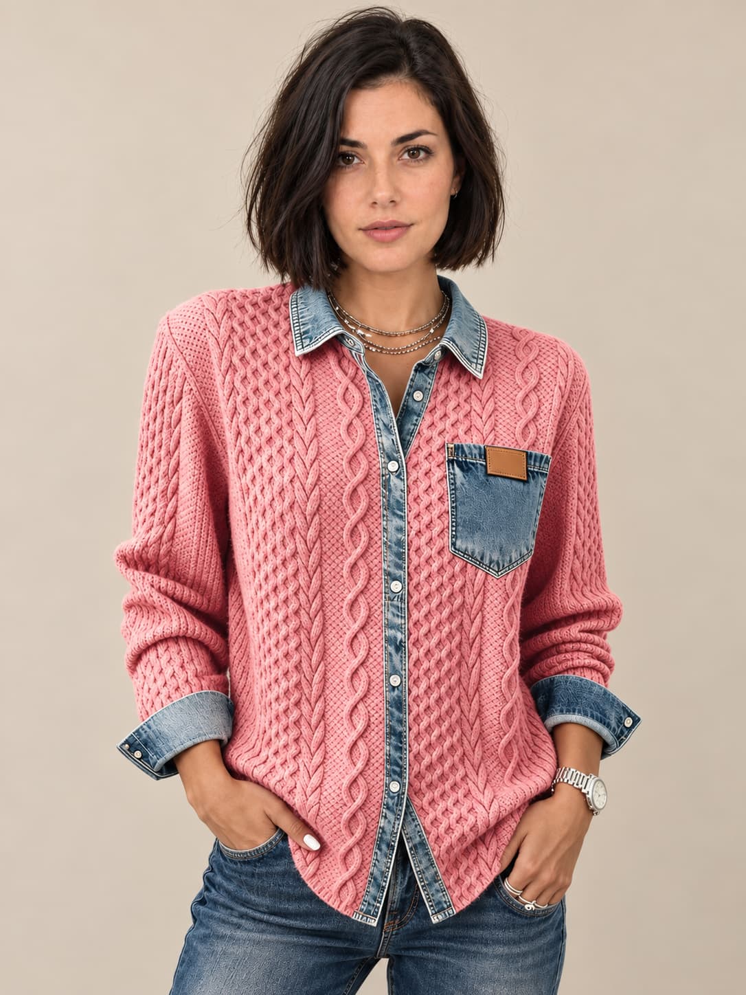 Ambra | Top in maglia patchwork con dettagli in denim