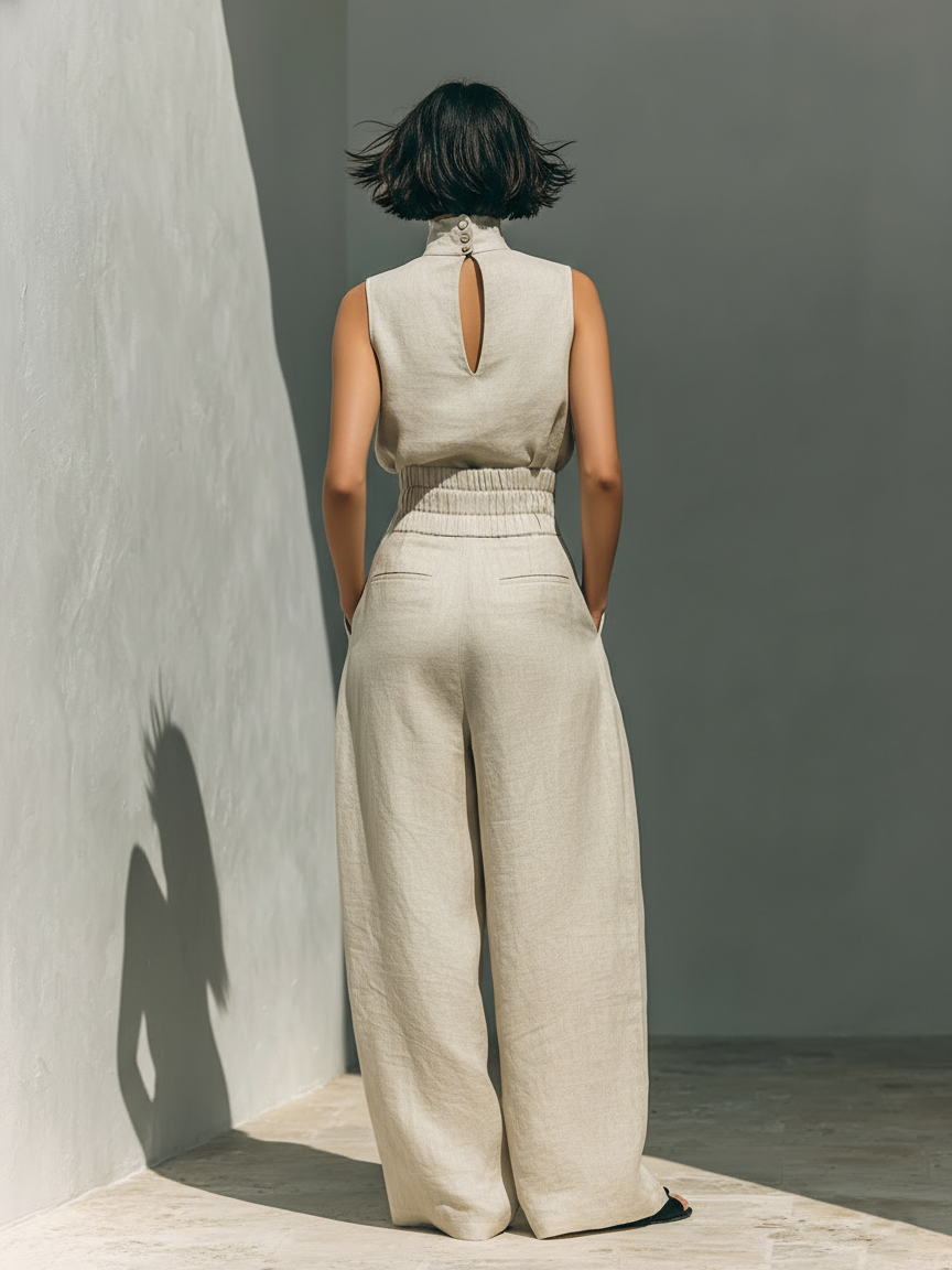 Maria | Completo minimalista da donna composto da t-shirt e pantaloni ampi in cotone e lino