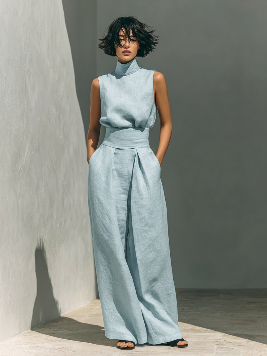 Maria | Completo minimalista da donna composto da t-shirt e pantaloni ampi in cotone e lino