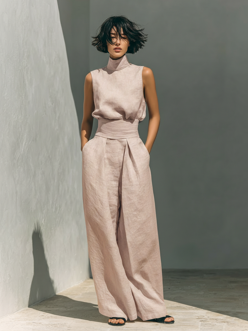 Maria | Completo minimalista da donna composto da t-shirt e pantaloni ampi in cotone e lino
