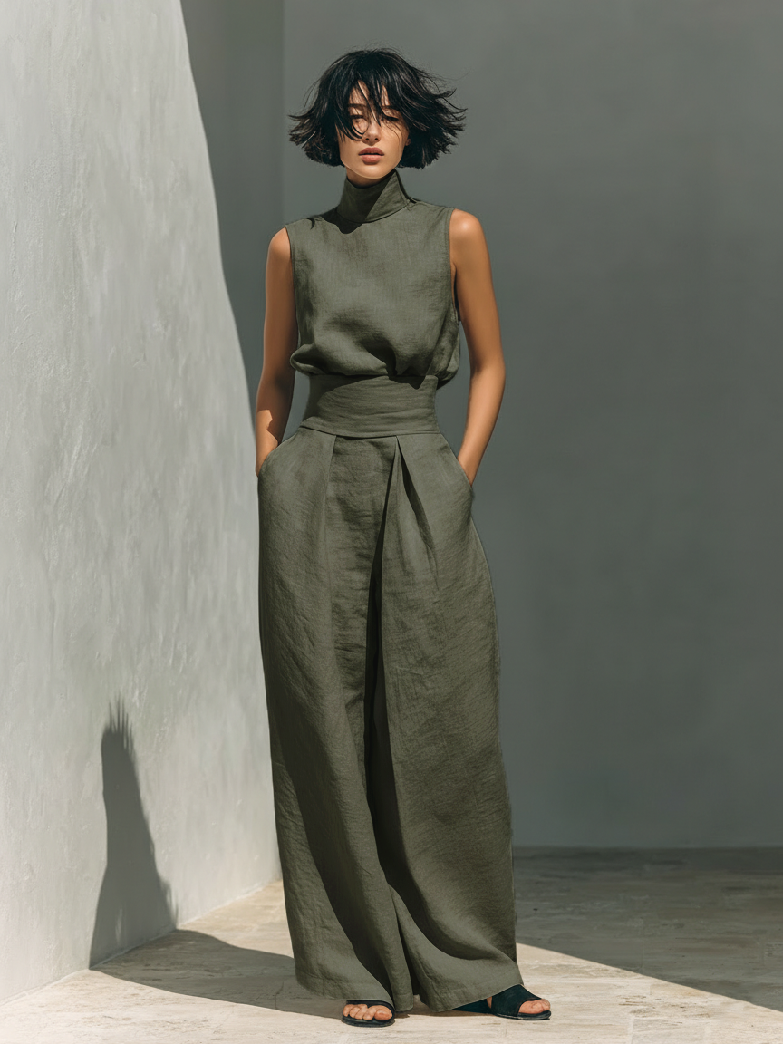 Maria | Completo minimalista da donna composto da t-shirt e pantaloni ampi in cotone e lino