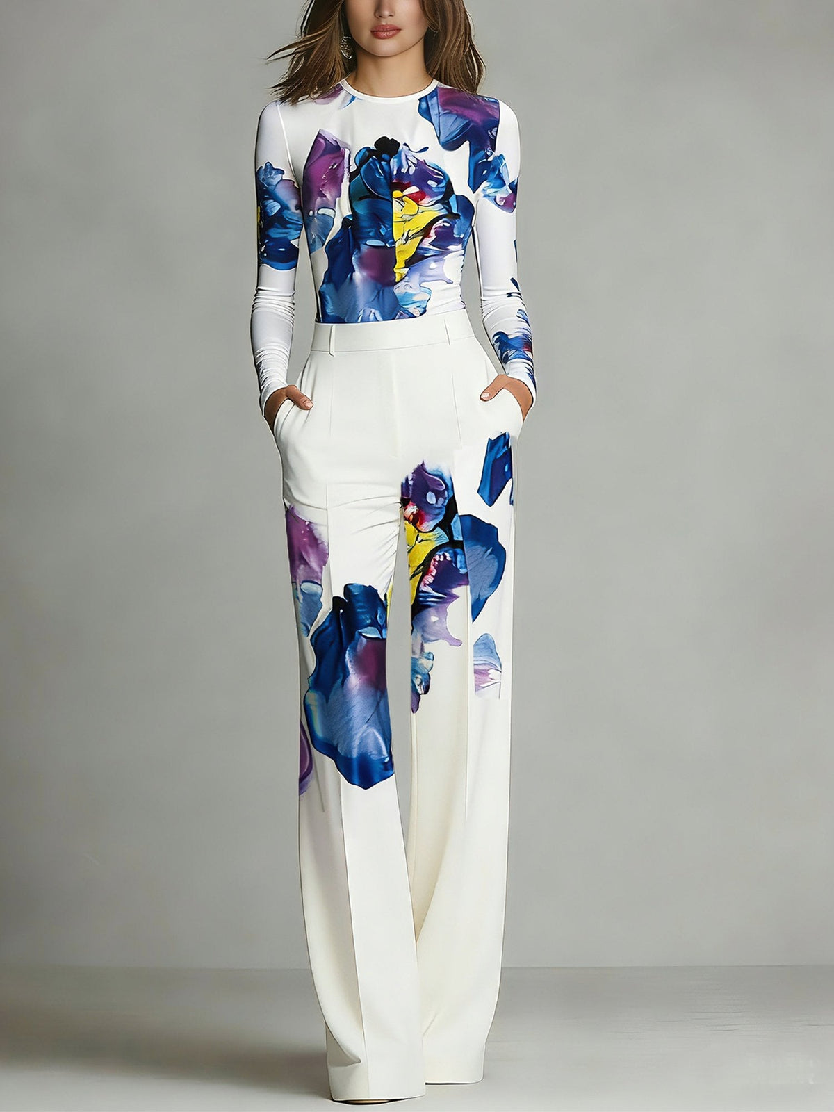 Giulia | Set composto da top girocollo con color block e stampa parziale e pantaloni