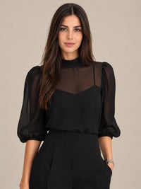 Ginevra | Completo nero a tre pezzi con top a canotta trasparente e pantaloni a gamba larga