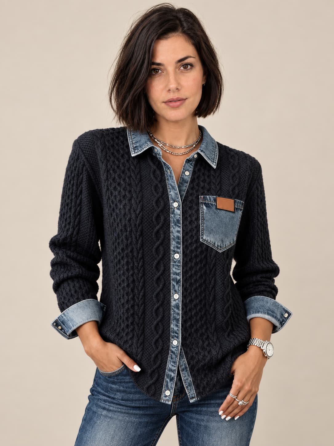 Ambra | Top in maglia patchwork con dettagli in denim