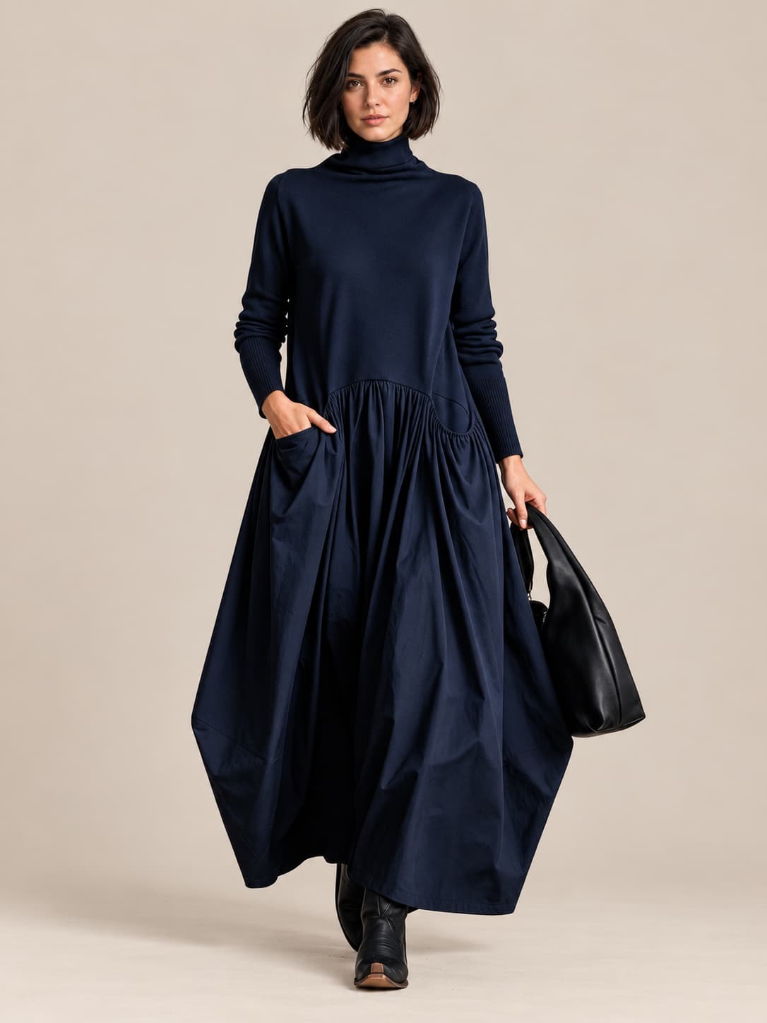 Ludovica | Abito lungo oversize con collo alto e tasche