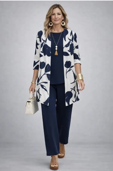 Camilla | Completo da tre pezzi Classic Elegance | Blu navy e bianco