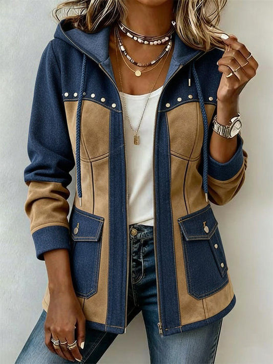 Adriana - Chaqueta con Capucha en Azul Marino y Camel